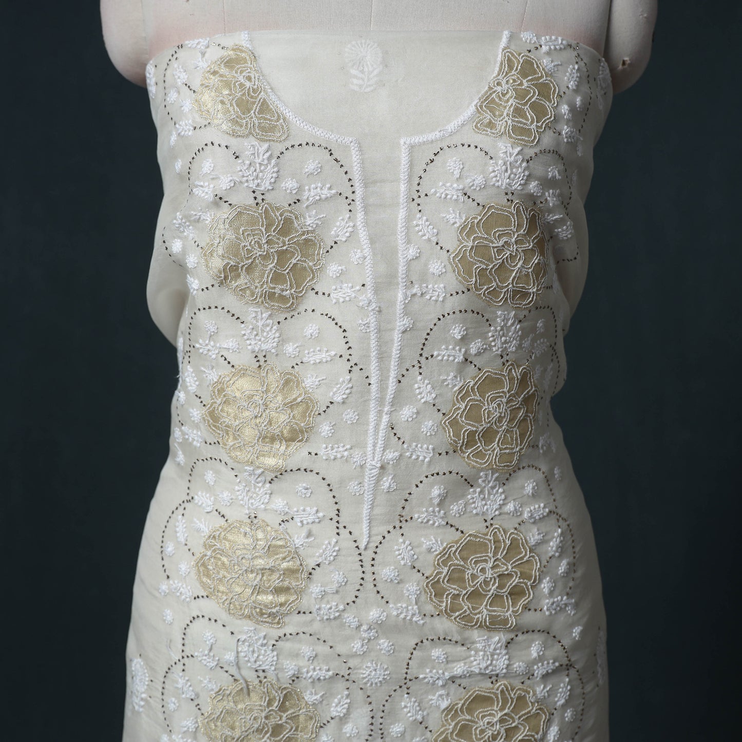 Lucknowi Chikankari Mukaish Work Organza Silk Unstitched Dress Material: Kurta with Dupatta 19
