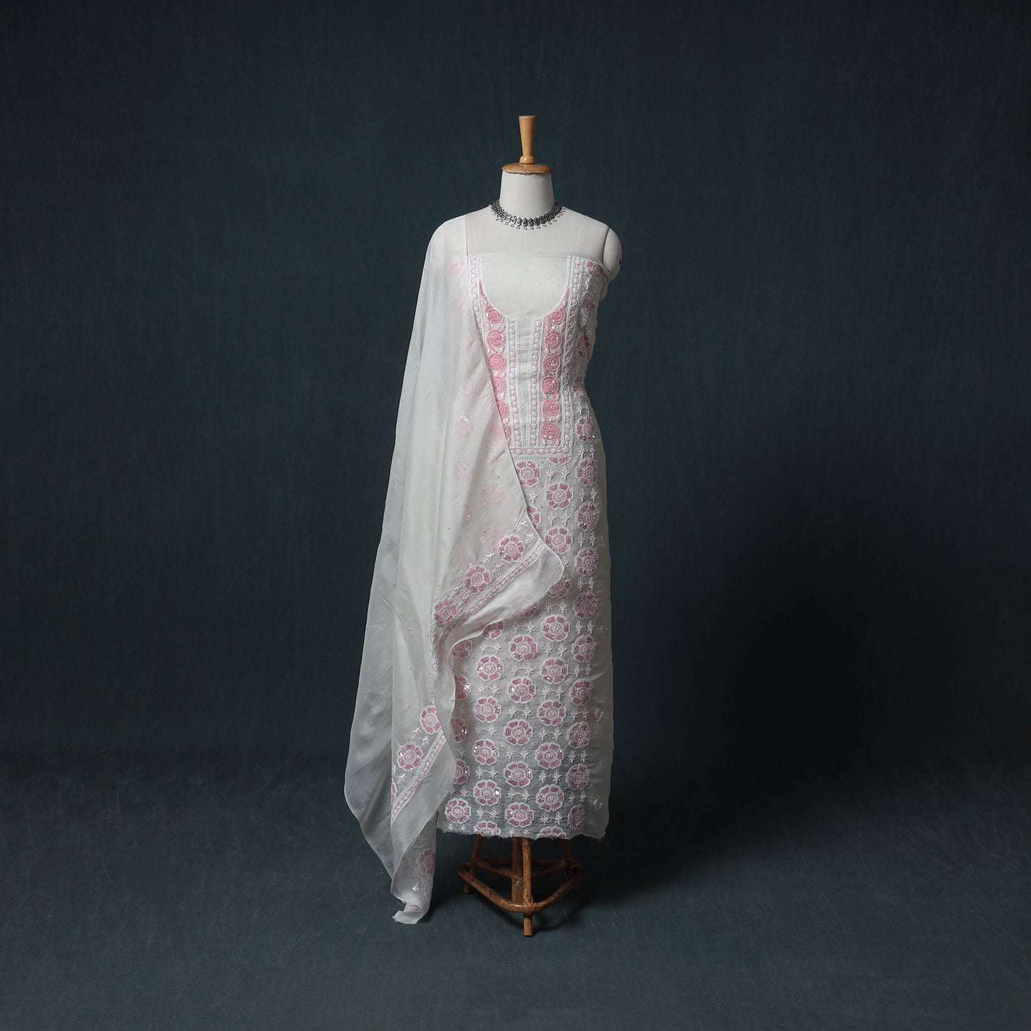 Lucknowi Chikankari Heavy Sequin & Beadwork Organza Silk Unstitched Dress Material: Kurta with Dupatta 20