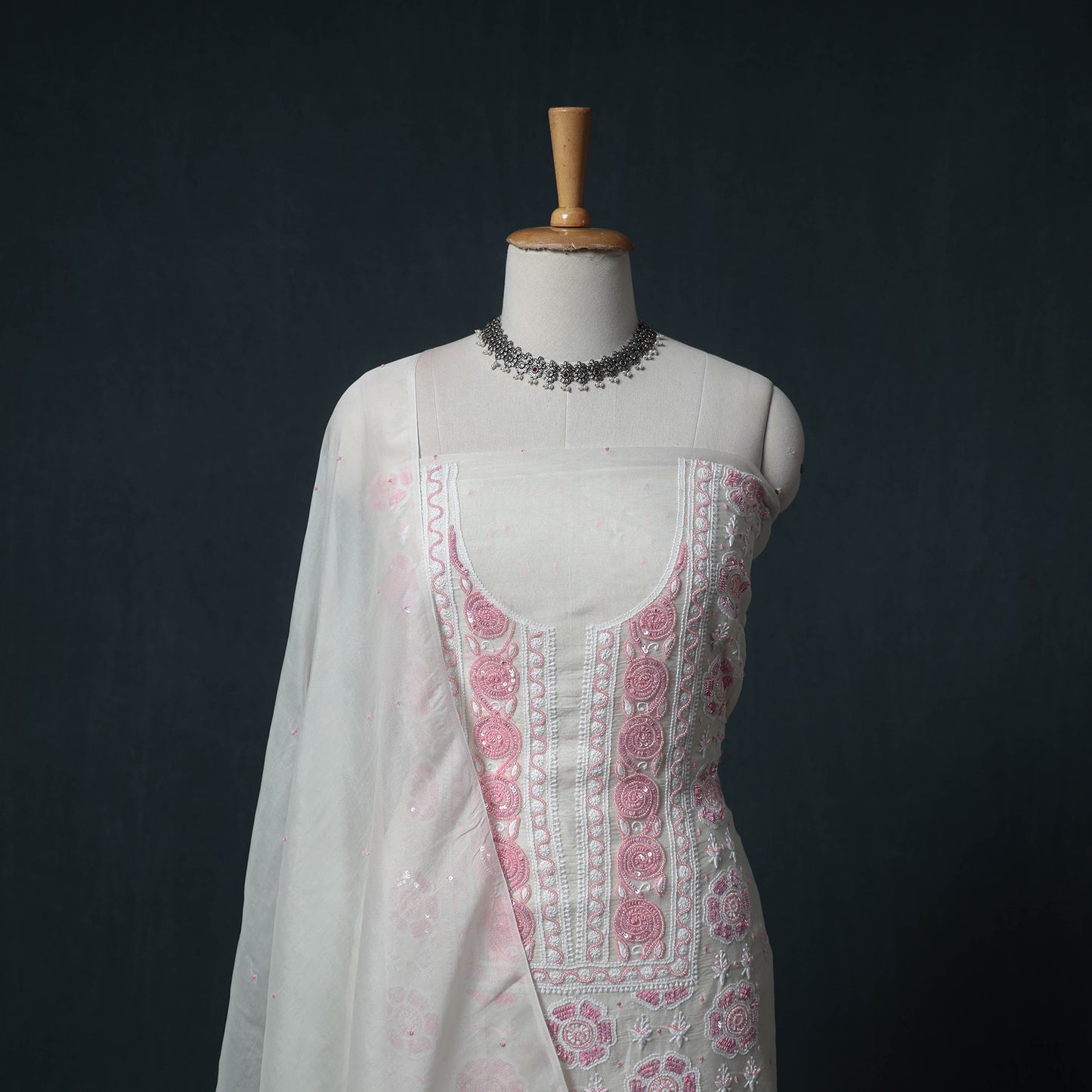 Lucknowi Chikankari Heavy Sequin & Beadwork Organza Silk Unstitched Dress Material: Kurta with Dupatta 20