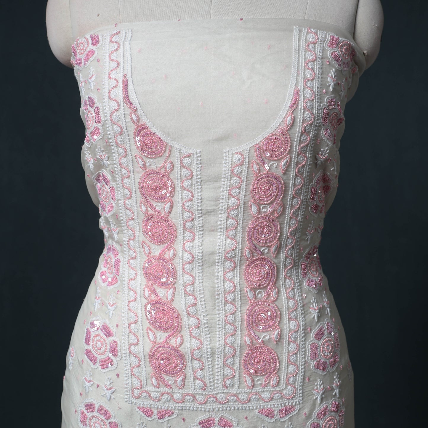 Lucknowi Chikankari Heavy Sequin & Beadwork Organza Silk Unstitched Dress Material: Kurta with Dupatta 20