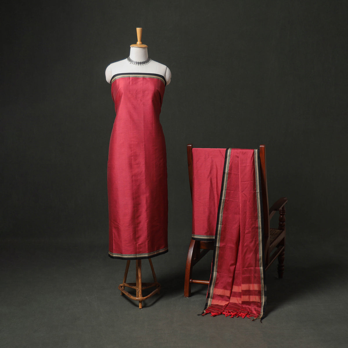 Dharwad Cotton Plain Thread Border Unstitched Dress Material: Kurta, Bottom & Dupatta 33