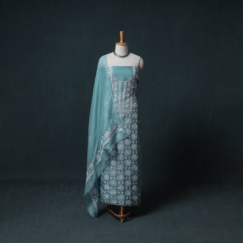 Lucknowi Chikankari Heavy Sequin & Beadwork Organza Silk Unstitched Dress Material: Kurta with Dupatta 21