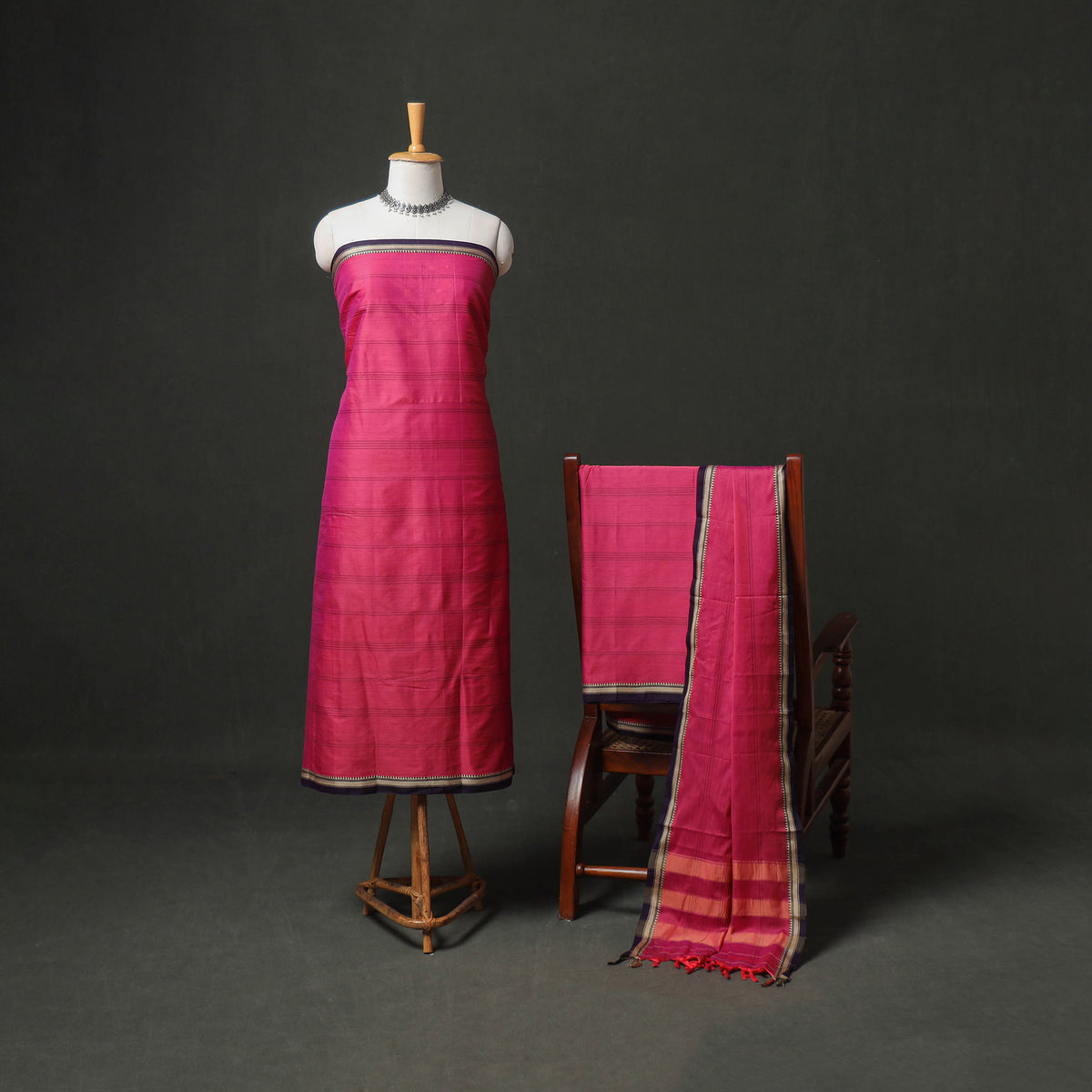 Dharwad Cotton Plain Thread Border Unstitched Dress Material: Kurta, Bottom & Dupatta 34