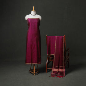 Purple - Dharwad Cotton Plain Thread Border Unstitched Dress Material: Kurta, Bottom & Dupatta 35