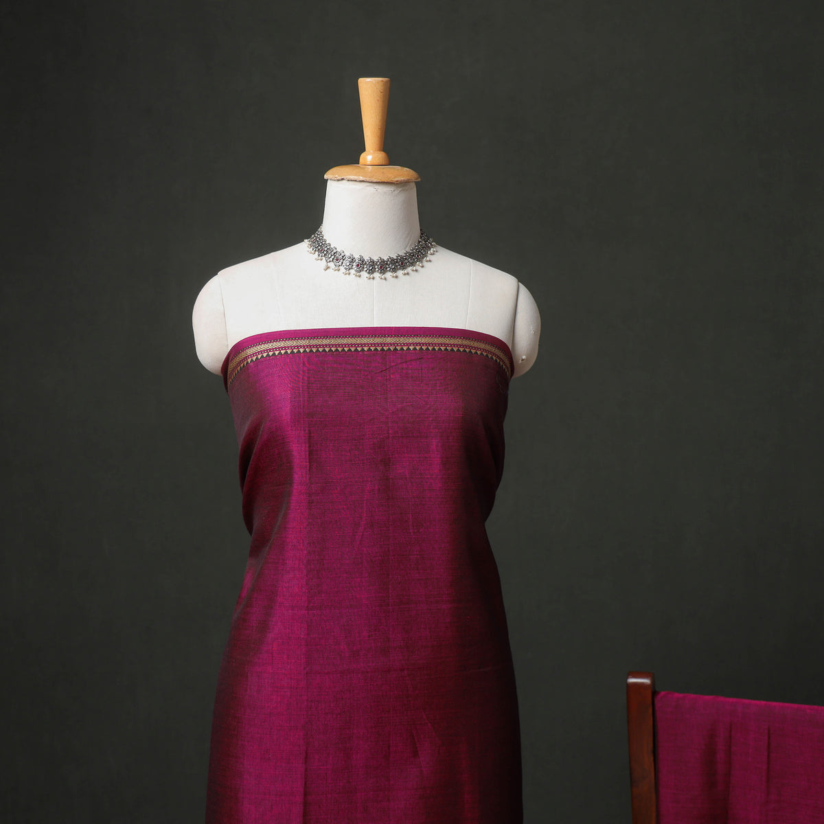 Purple - Dharwad Cotton Plain Thread Border Unstitched Dress Material: Kurta, Bottom & Dupatta 35