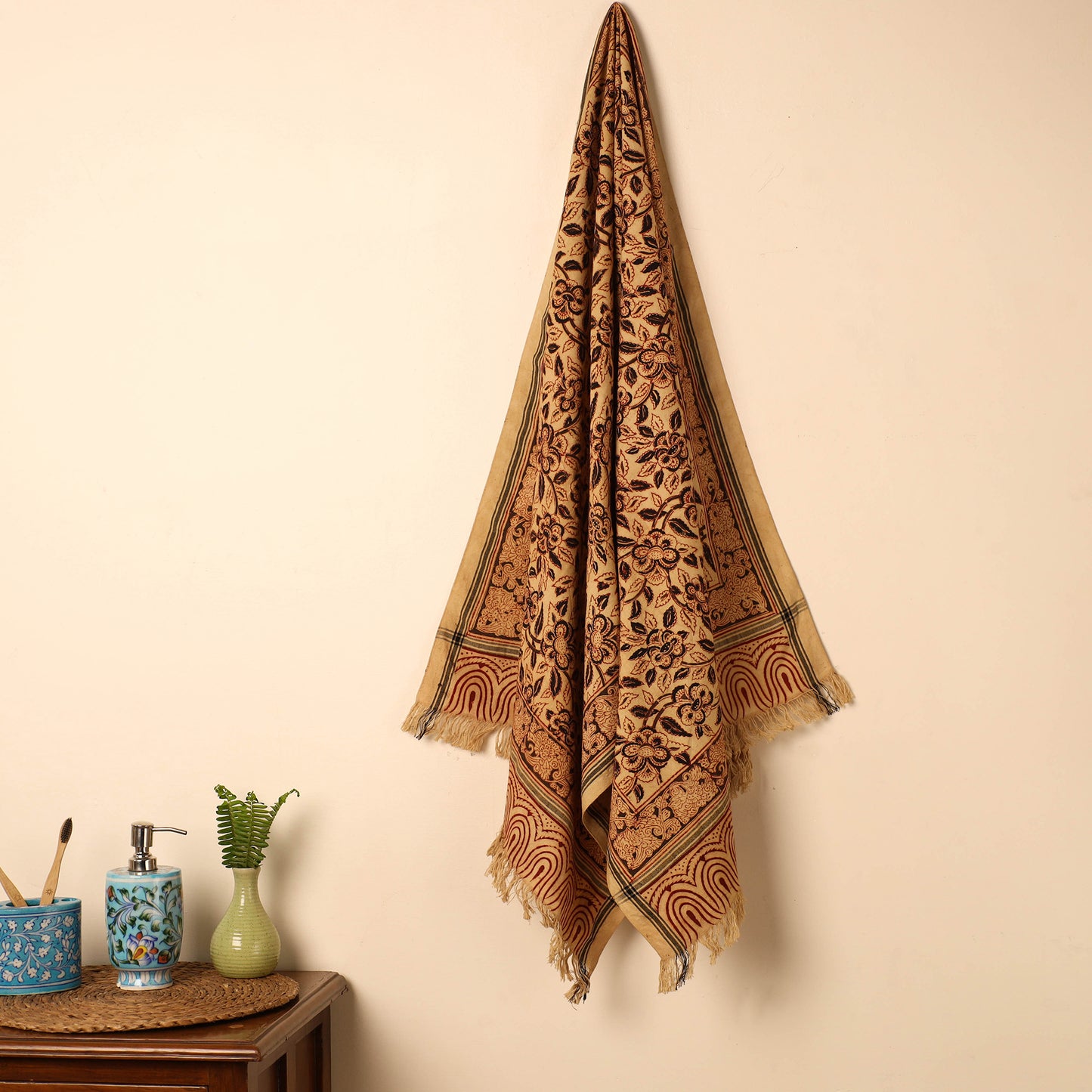 Beige - Handloom Cotton Block Printed Pedana Kalamkari Towel 19