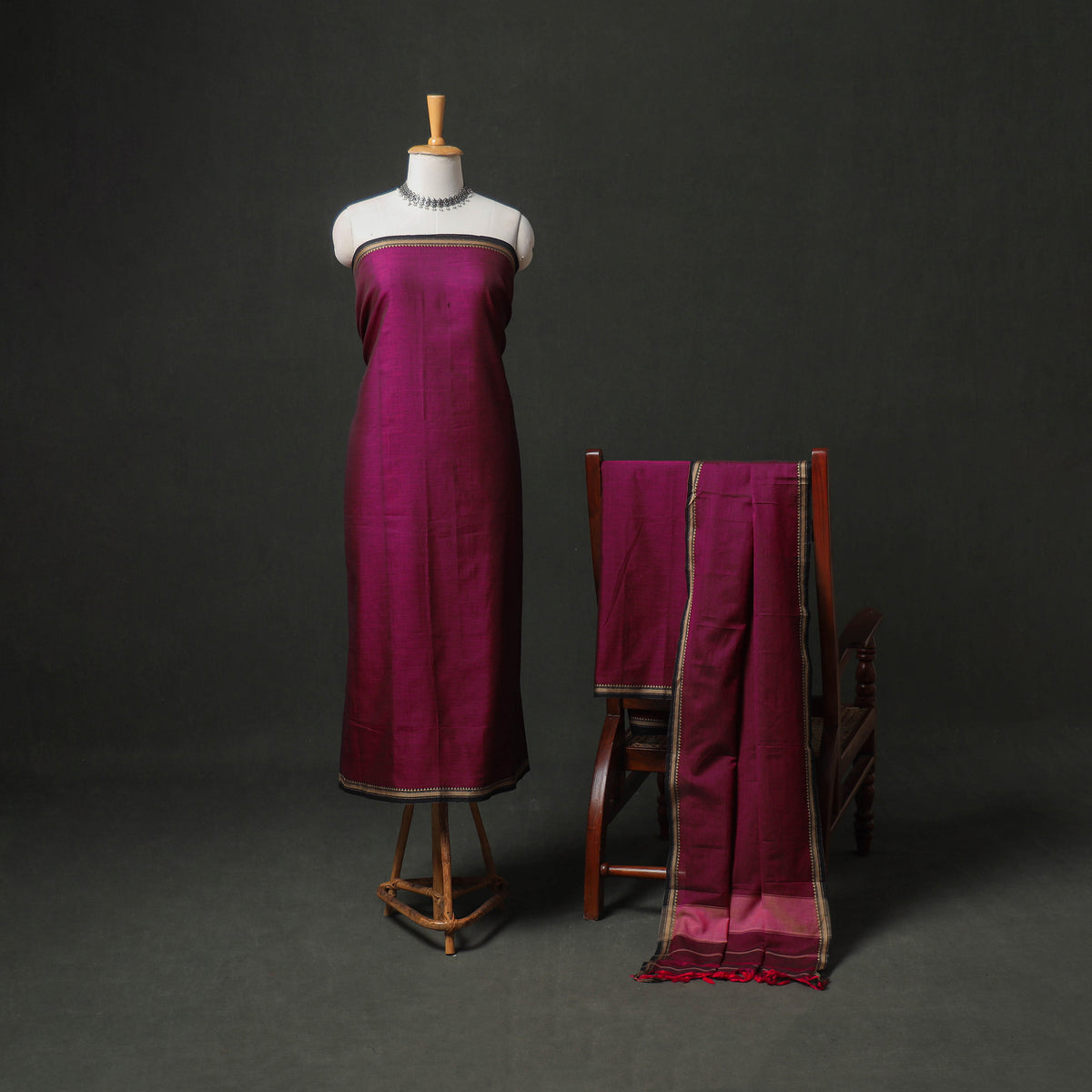 Dharwad Cotton Plain Thread Border Unstitched Dress Material: Kurta, Bottom & Dupatta 36