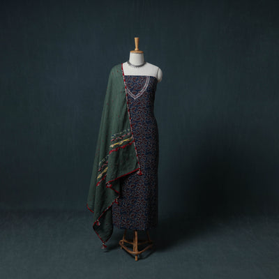 Ajrakh Block Print Natural Dyed Cotton Unstitched Dress Material: Kurta with Dupatta 03