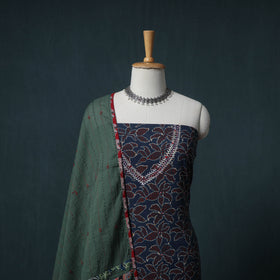 Ajrakh Block Print Natural Dyed Cotton Unstitched Dress Material: Kurta with Dupatta 03