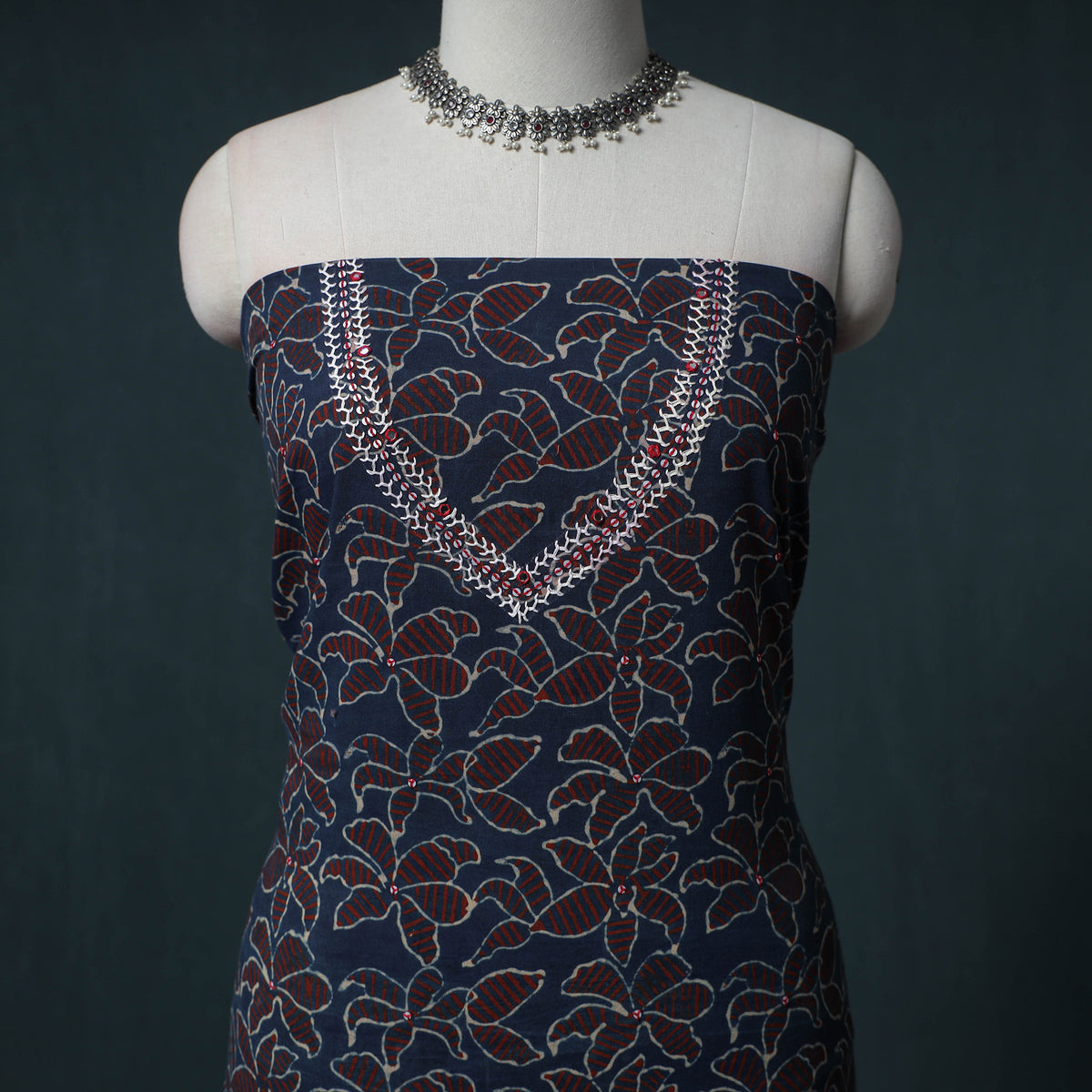 Ajrakh Block Print Natural Dyed Cotton Unstitched Dress Material: Kurta with Dupatta 03