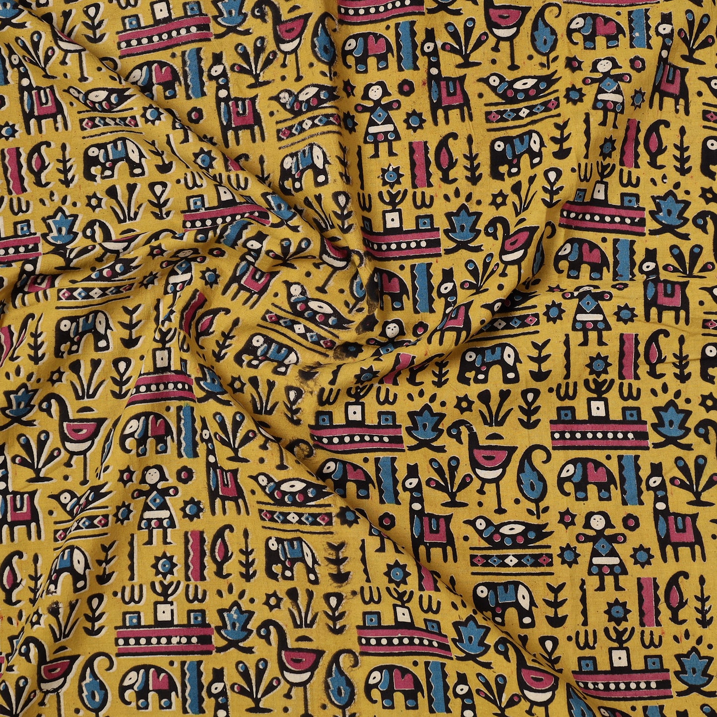 Yellow - Kalamkari Printed Cotton Precut Fabric (1.7 meter) 32
