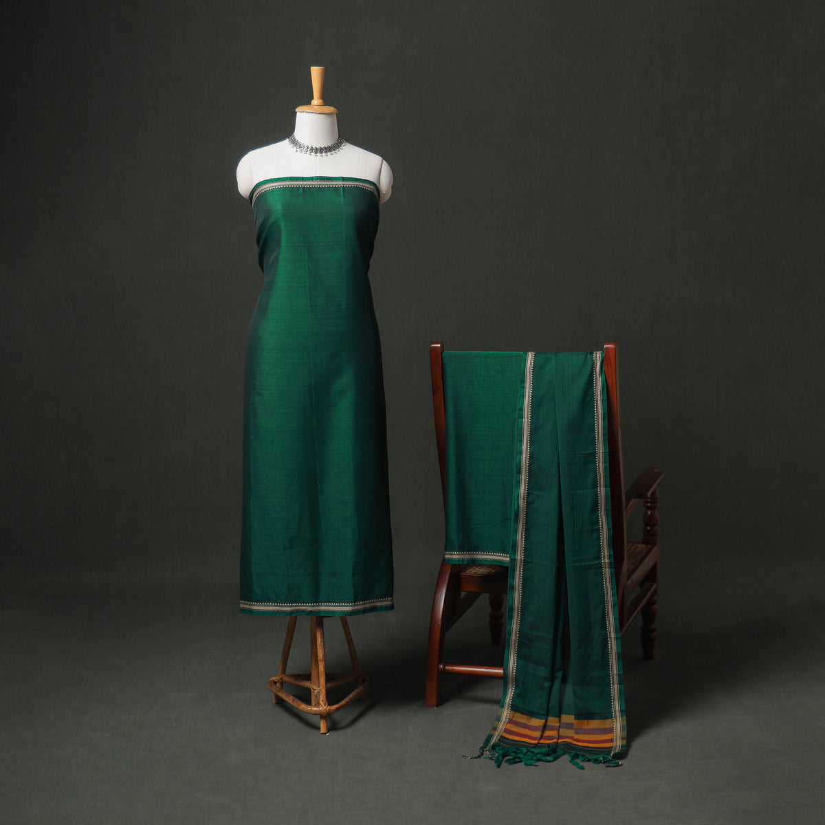 Dharwad Cotton Plain Thread Border Unstitched Dress Material: Kurta, Bottom & Dupatta 39