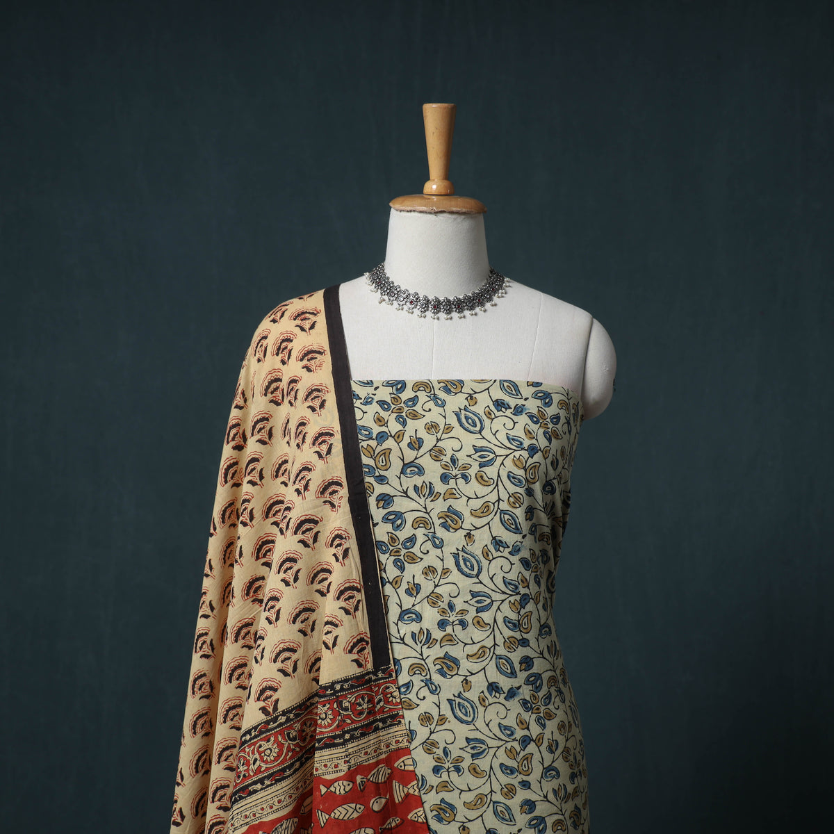 Ajrakh Block Print Natural Dyed Cotton Unstitched Dress Material: Kurta with Dupatta 05