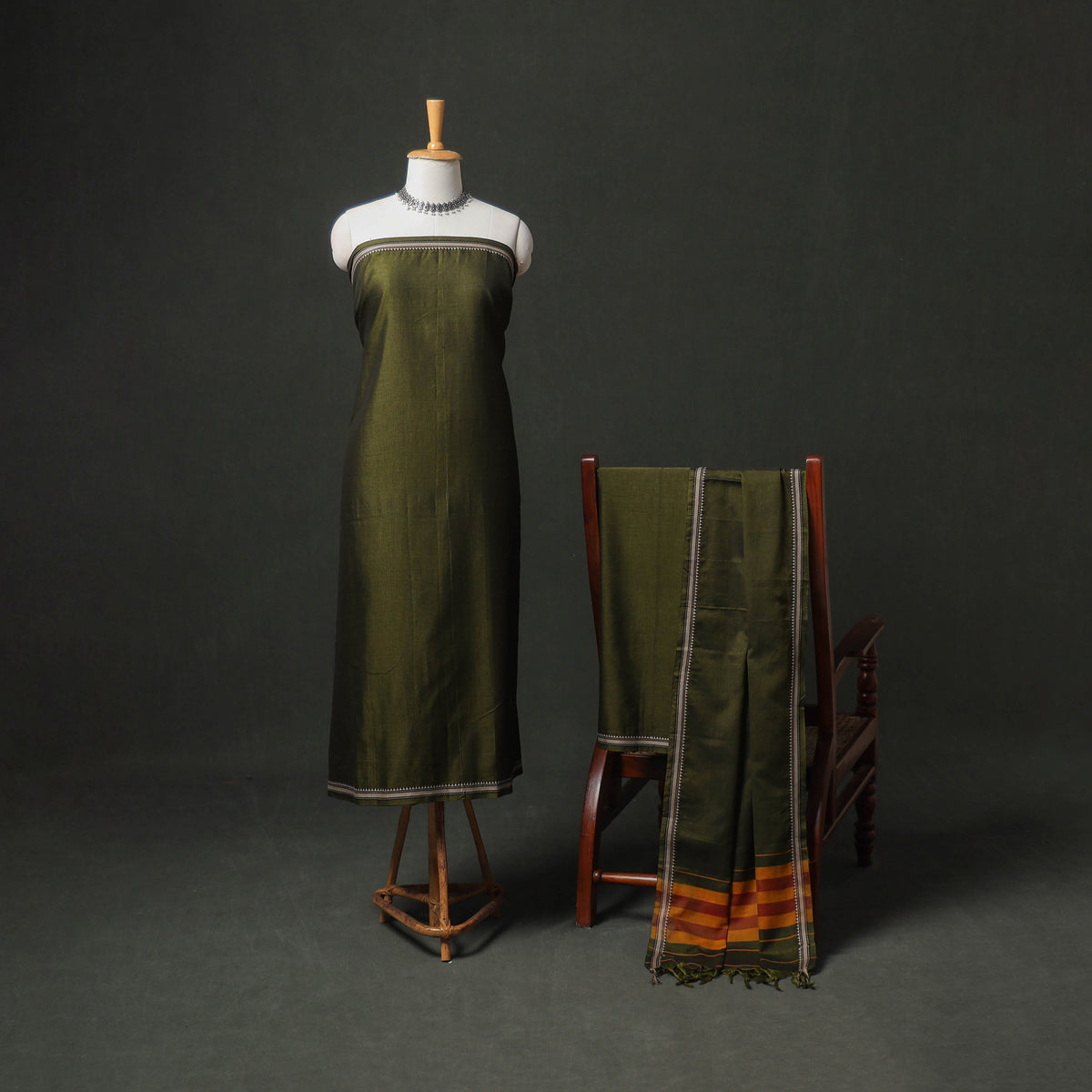 Green - Dharwad Cotton Plain Thread Border Unstitched Dress Material: Kurta, Bottom & Dupatta 40