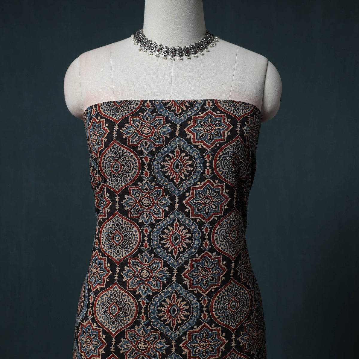 Ajrakh Block Print Natural Dyed Cotton Unstitched Dress Material: Kurta with Dupatta 06