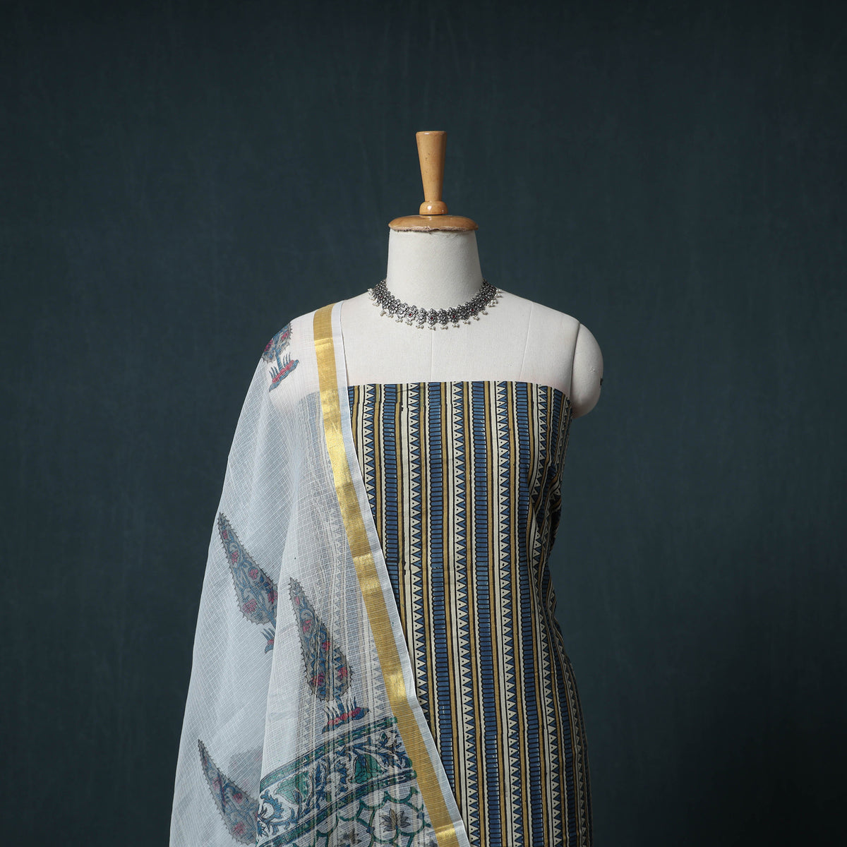 Ajrakh Block Print Natural Dyed Cotton Unstitched Dress Material: Kurta with Dupatta 07