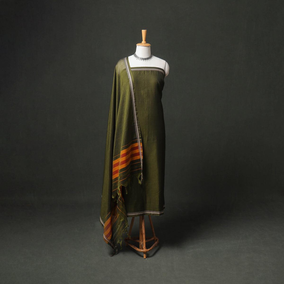 Green - Dharwad Cotton Plain Thread Border Unstitched Dress Material: Kurta, Bottom & Dupatta 40