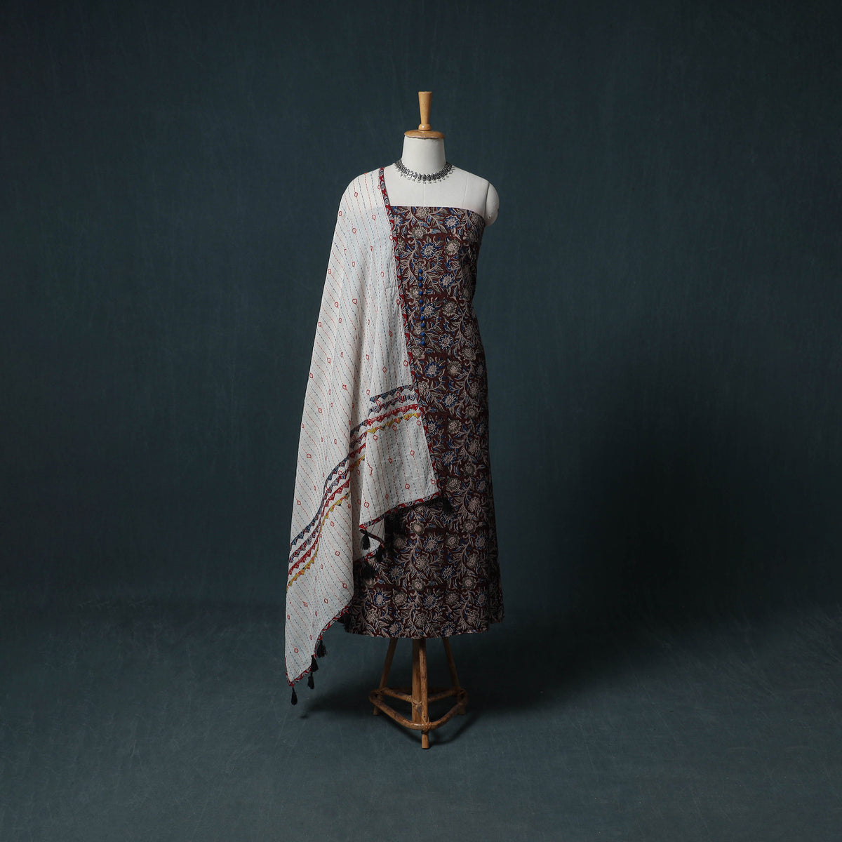 Kalamkari Block Print Natural Dyed Cotton Unstitched Dress Material: Kurta with Dupatta 08