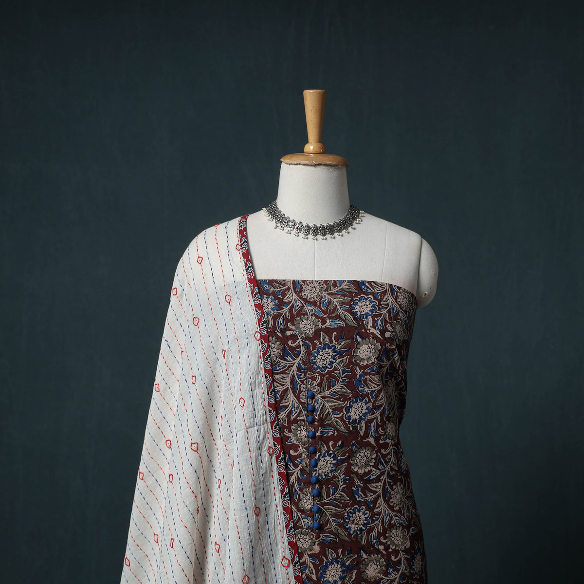 Kalamkari Block Print Natural Dyed Cotton Unstitched Dress Material: Kurta with Dupatta 08