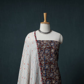 Kalamkari Block Print Natural Dyed Cotton Unstitched Dress Material: Kurta with Dupatta 08
