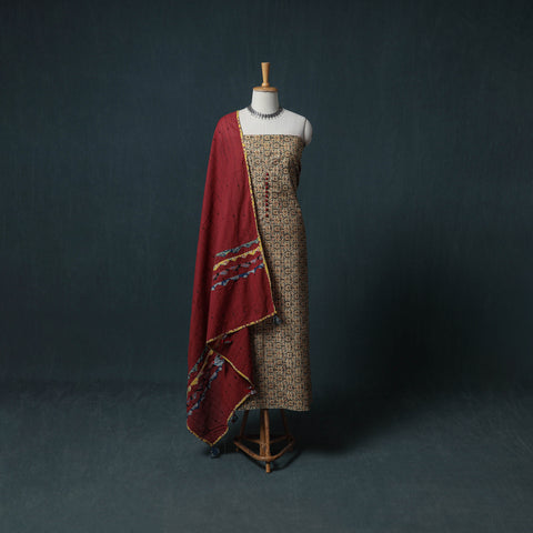 Kalamkari Block Print Natural Dyed Cotton Unstitched Dress Material: Kurta with Dupatta 09