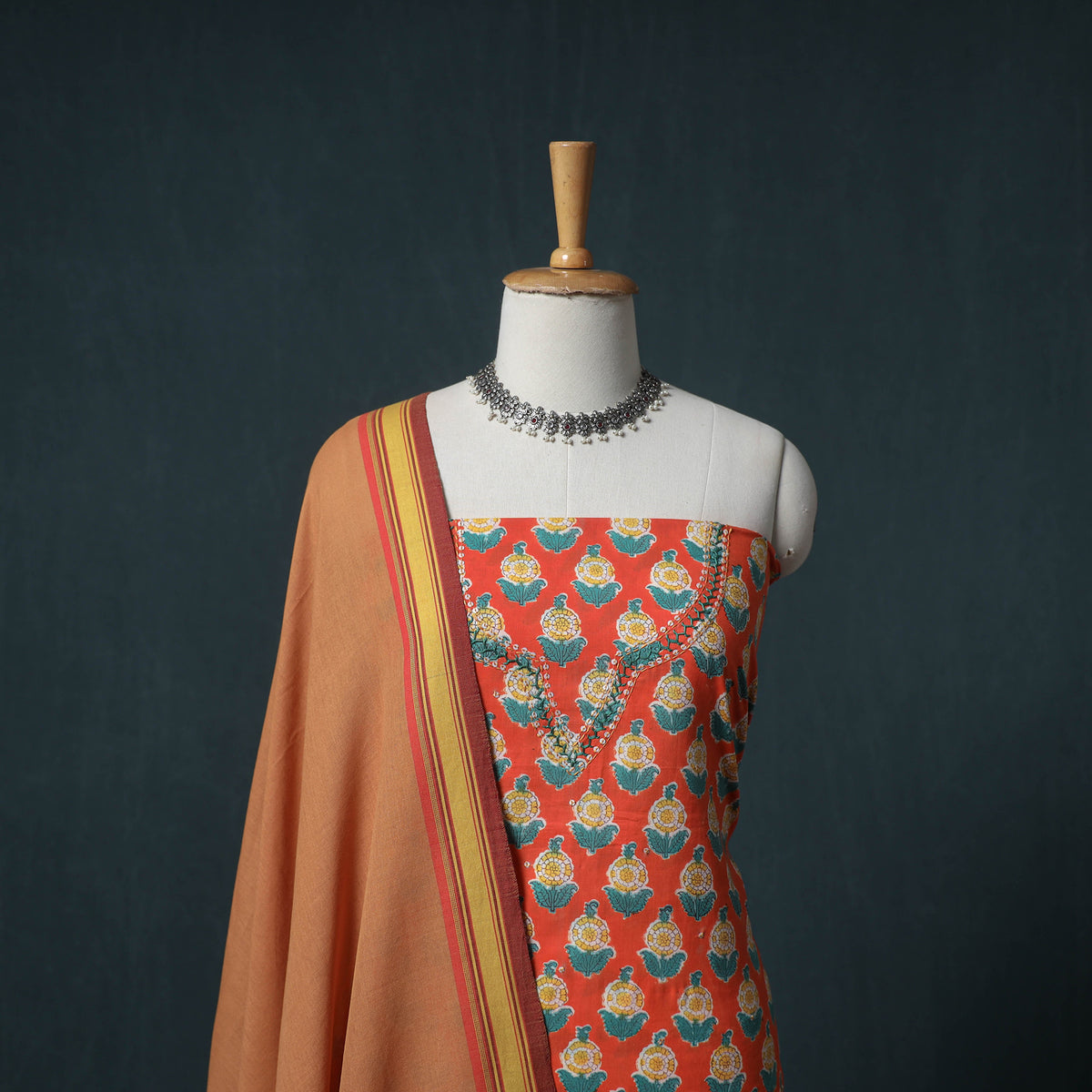 Sanganeri Block Print Cotton Unstitched Dress Material: Kurta with Dupatta 10
