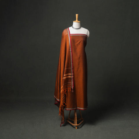 Orange - Dharwad Cotton Plain Thread Border Unstitched Dress Material: Kurta, Bottom & Dupatta 42