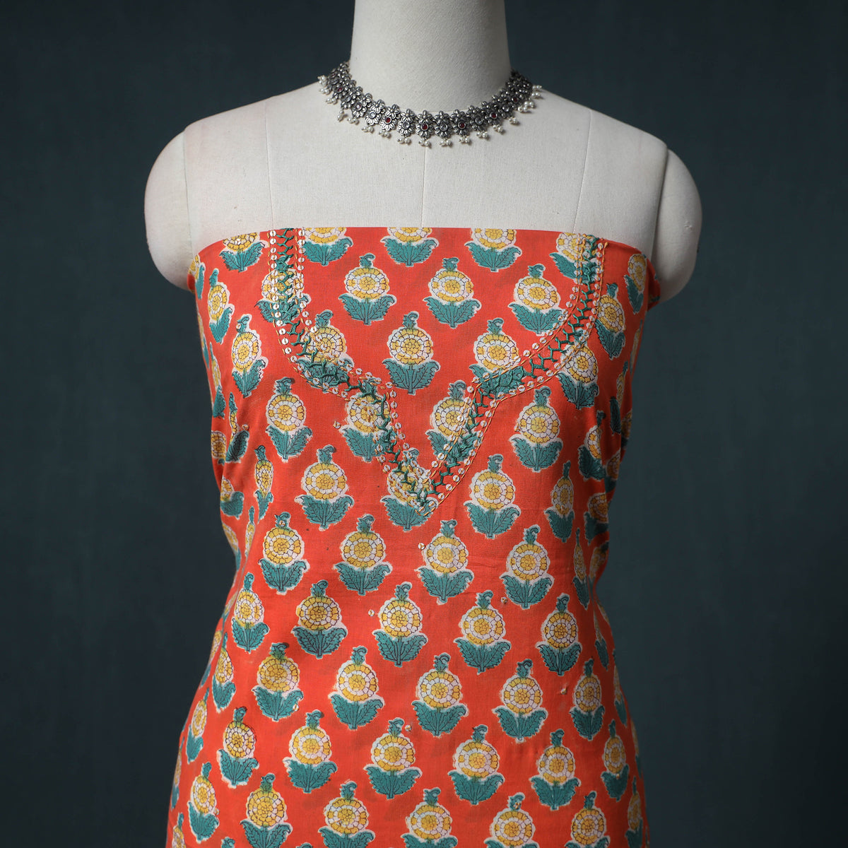 Sanganeri Block Print Cotton Unstitched Dress Material: Kurta with Dupatta 10