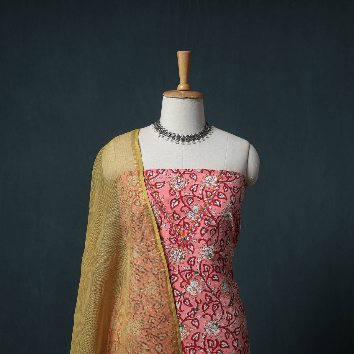 Sanganeri Block Print Cotton Unstitched Dress Material: Kurta with Dupatta 11