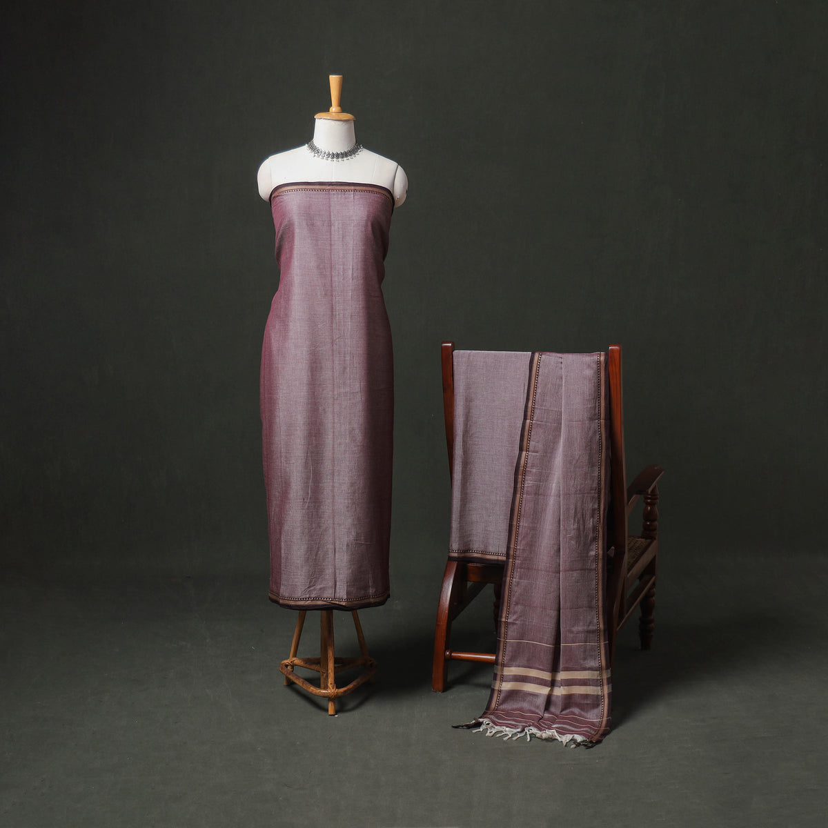 Dharwad Cotton Plain Thread Border Unstitched Dress Material: Kurta, Bottom & Dupatta 46