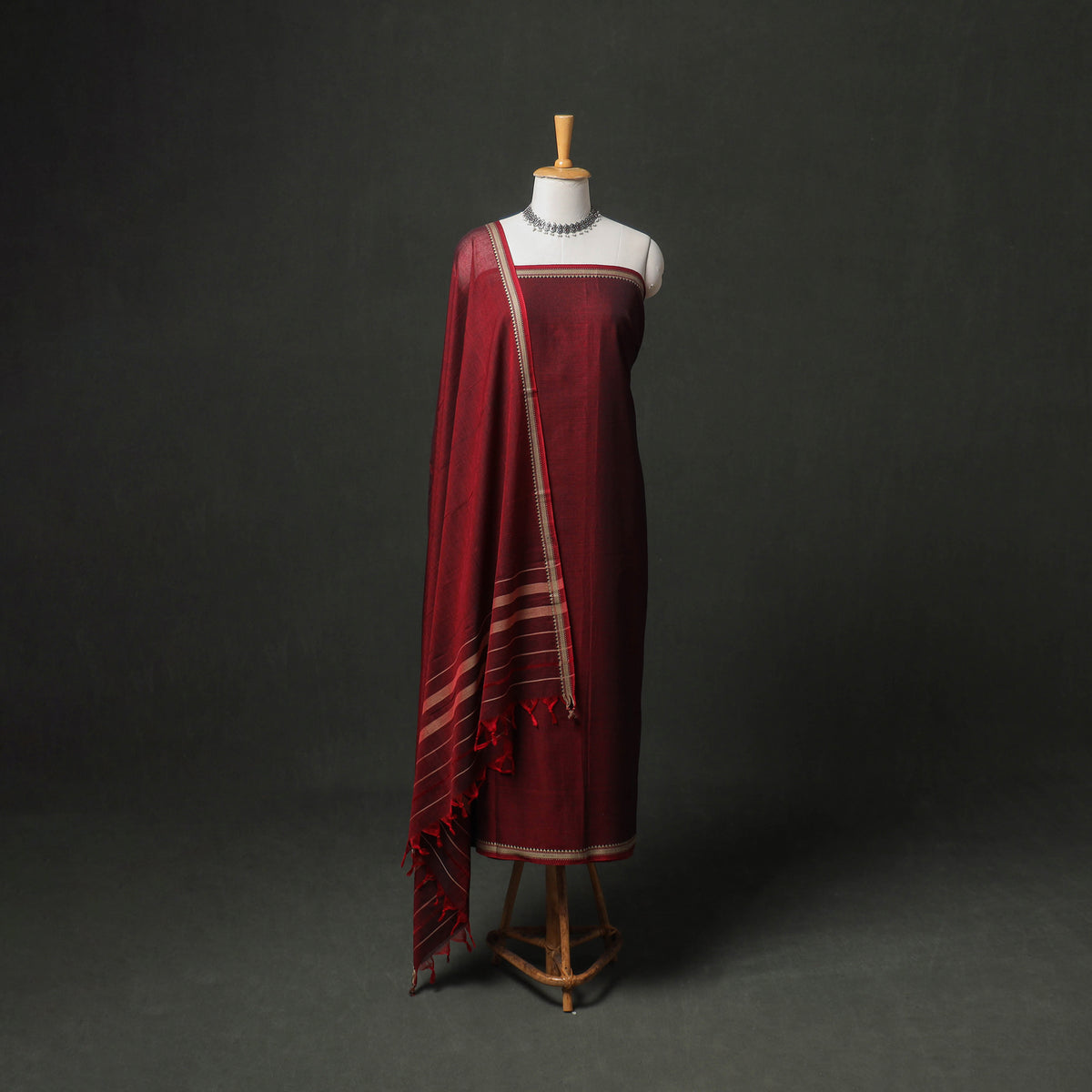 Dharwad Cotton Plain Thread Border Unstitched Dress Material: Kurta, Bottom & Dupatta 47