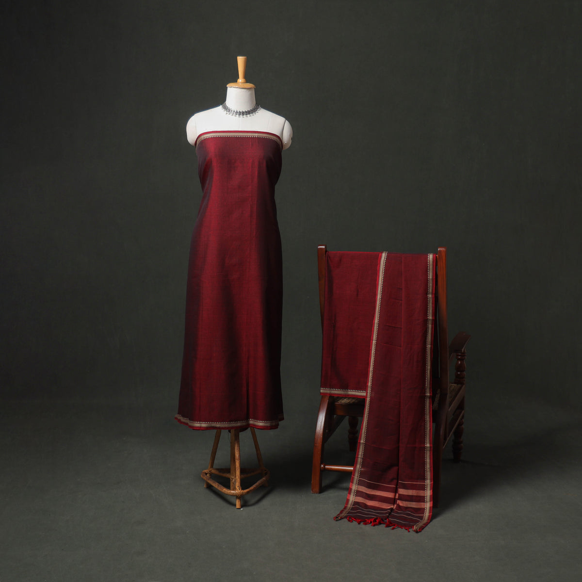 Dharwad Cotton Plain Thread Border Unstitched Dress Material: Kurta, Bottom & Dupatta 47
