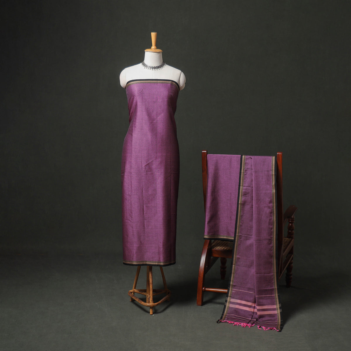 Dharwad Cotton Plain Thread Border Unstitched Dress Material: Kurta, Bottom & Dupatta 48