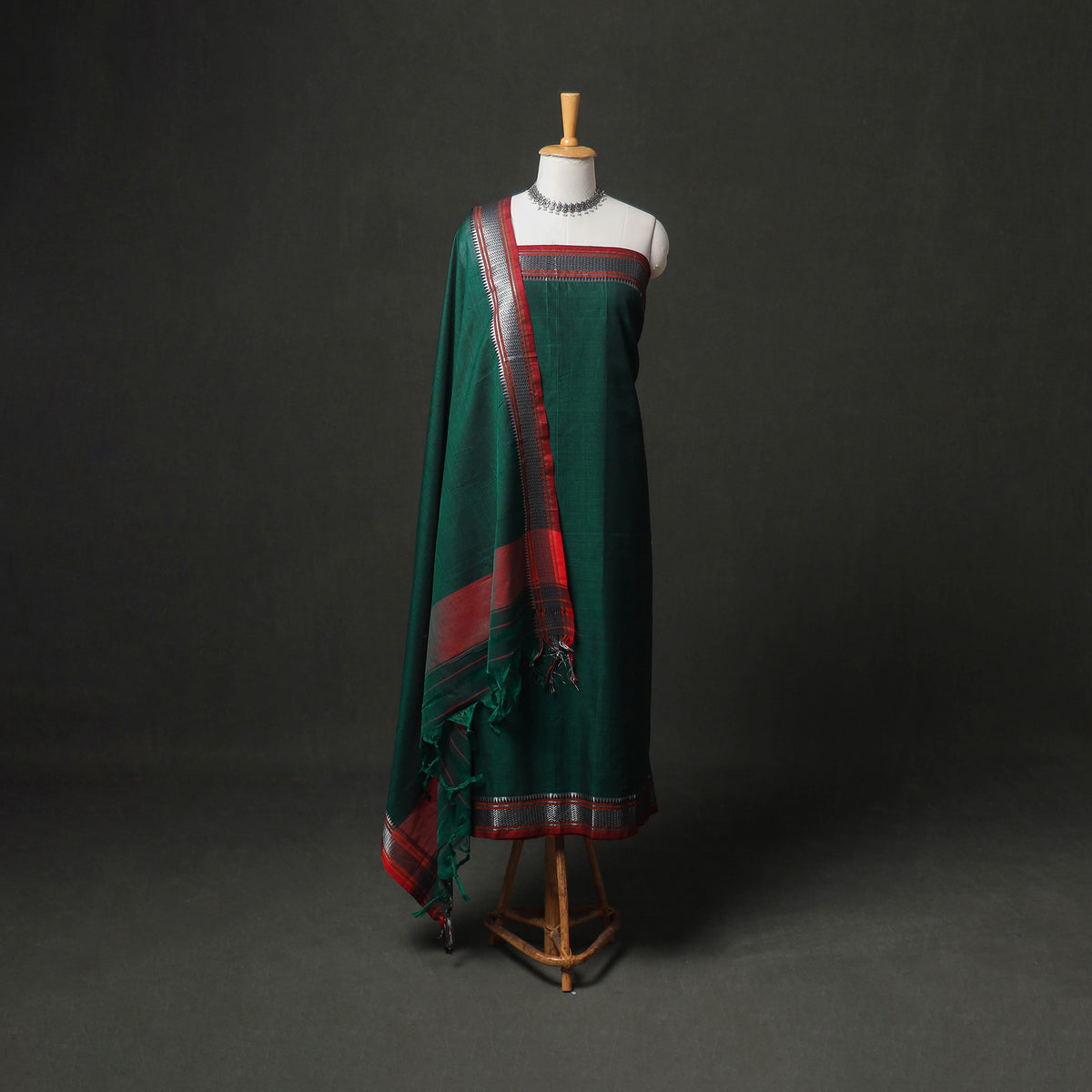 Green - dharwad cotton plain zari border unstitched dress