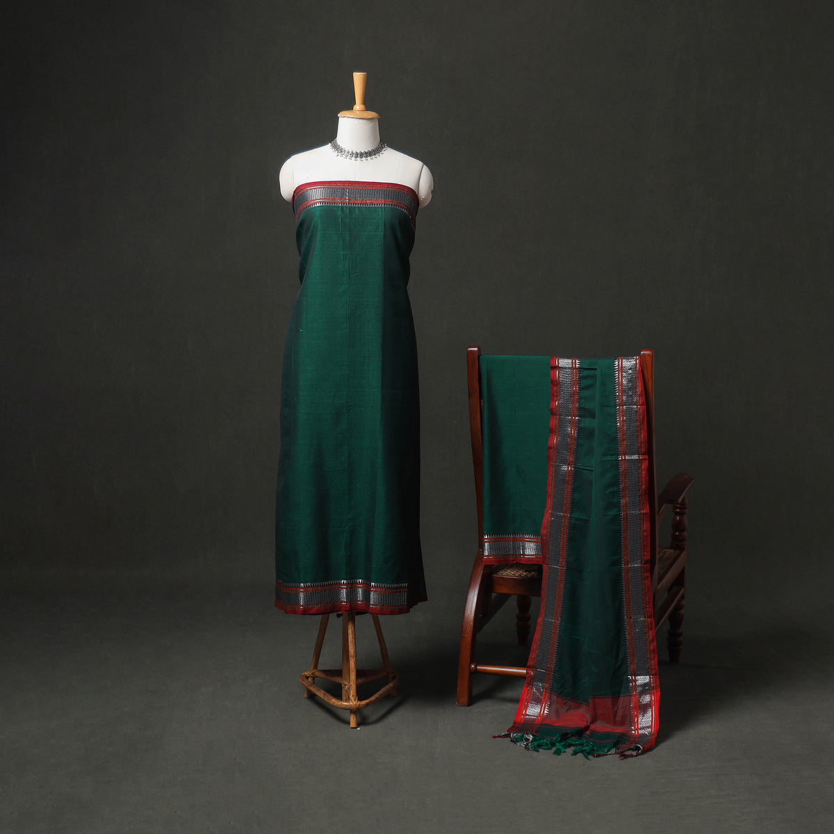 Green - dharwad cotton plain zari border unstitched dress
