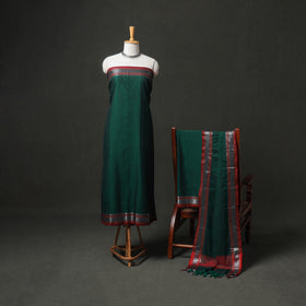 Green - dharwad cotton plain zari border unstitched dress
