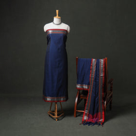 Blue - dharwad cotton plain zari border unstitched dress