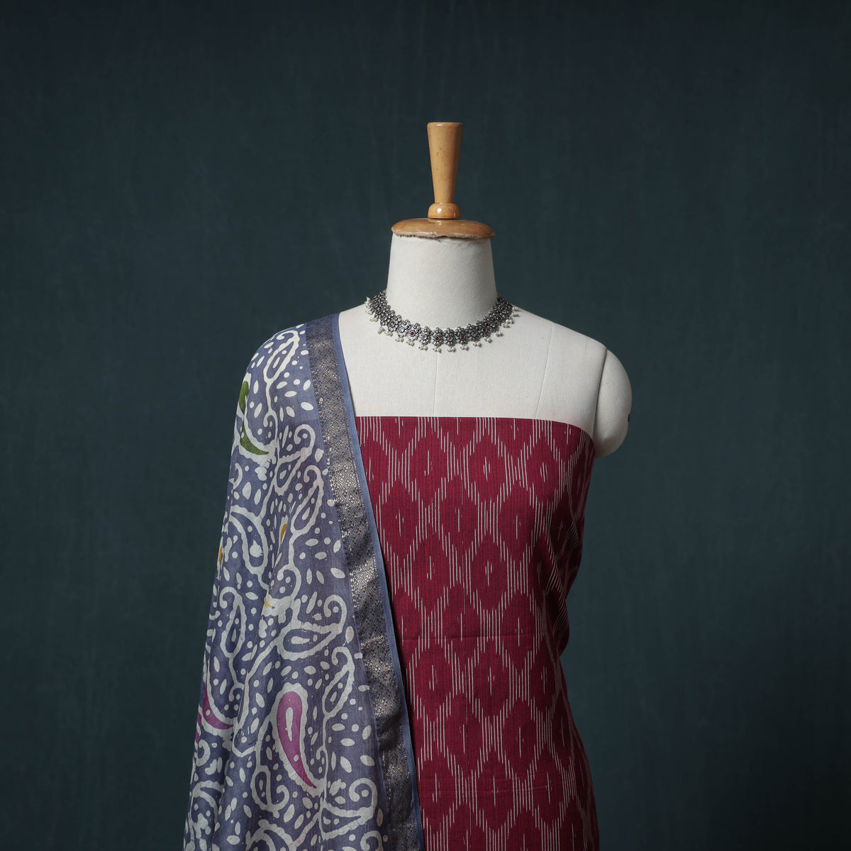 Pochampally Ikat Cotton Unstitched Dress Material: Kurta with Dupatta 21