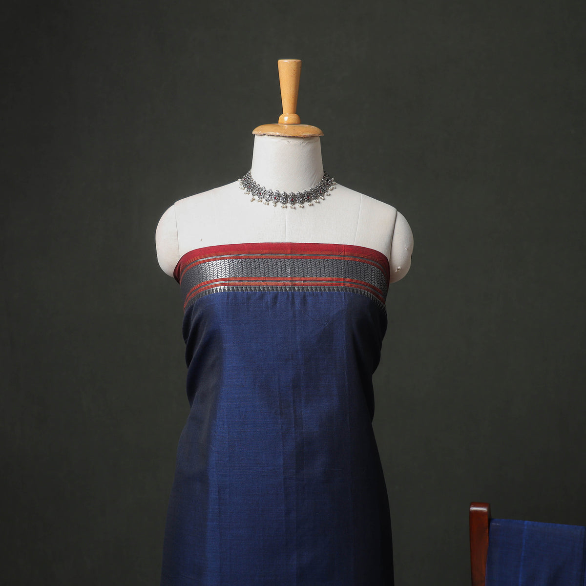 Blue - dharwad cotton plain zari border unstitched dress