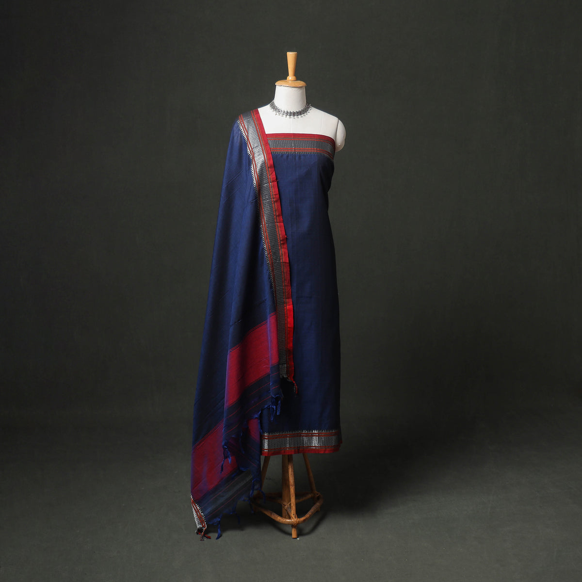 Blue - dharwad cotton plain zari border unstitched dress