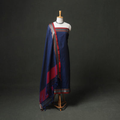 Blue - dharwad cotton plain zari border unstitched dress