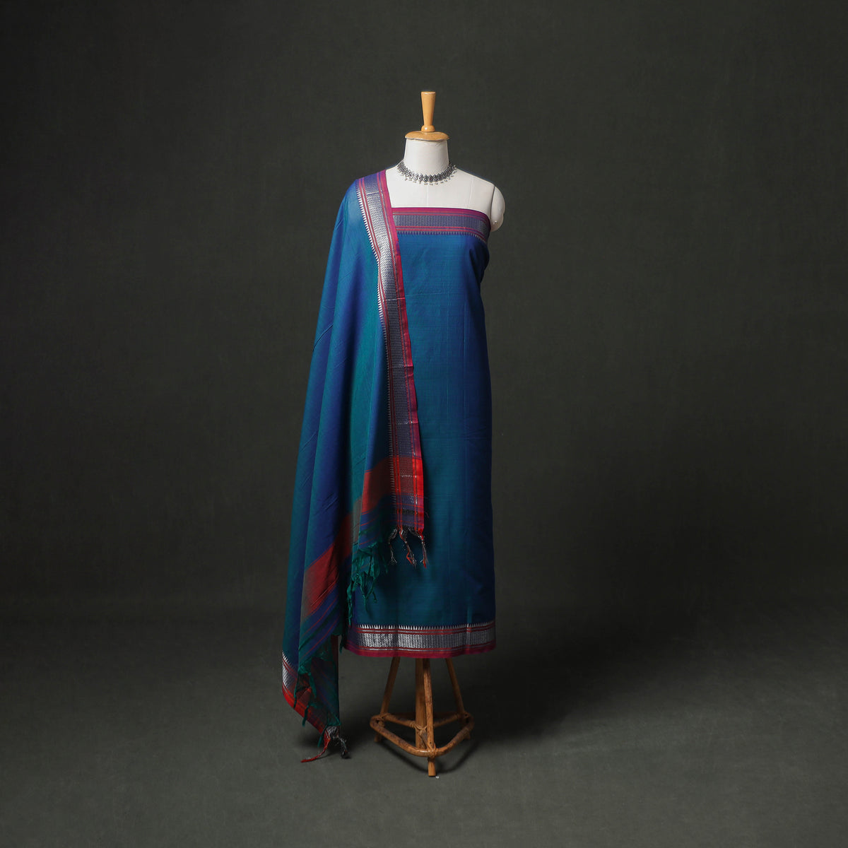 Blue - dharwad cotton plain zari border unstitched dress