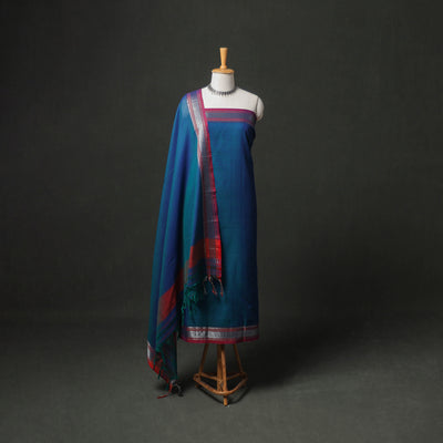 Blue - dharwad cotton plain zari border unstitched dress