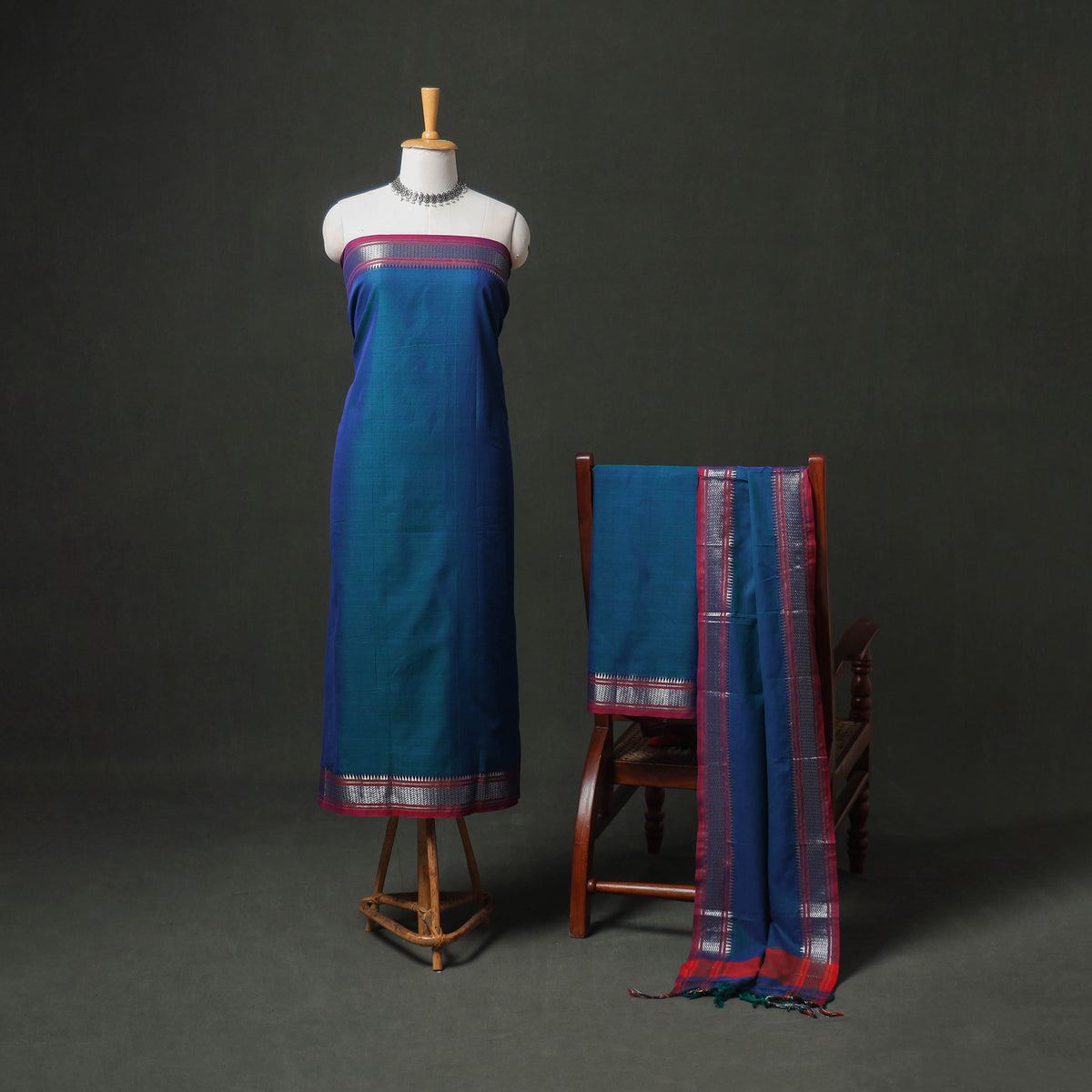 Blue - dharwad cotton plain zari border unstitched dress