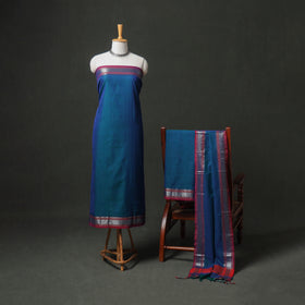 Blue - dharwad cotton plain zari border unstitched dress