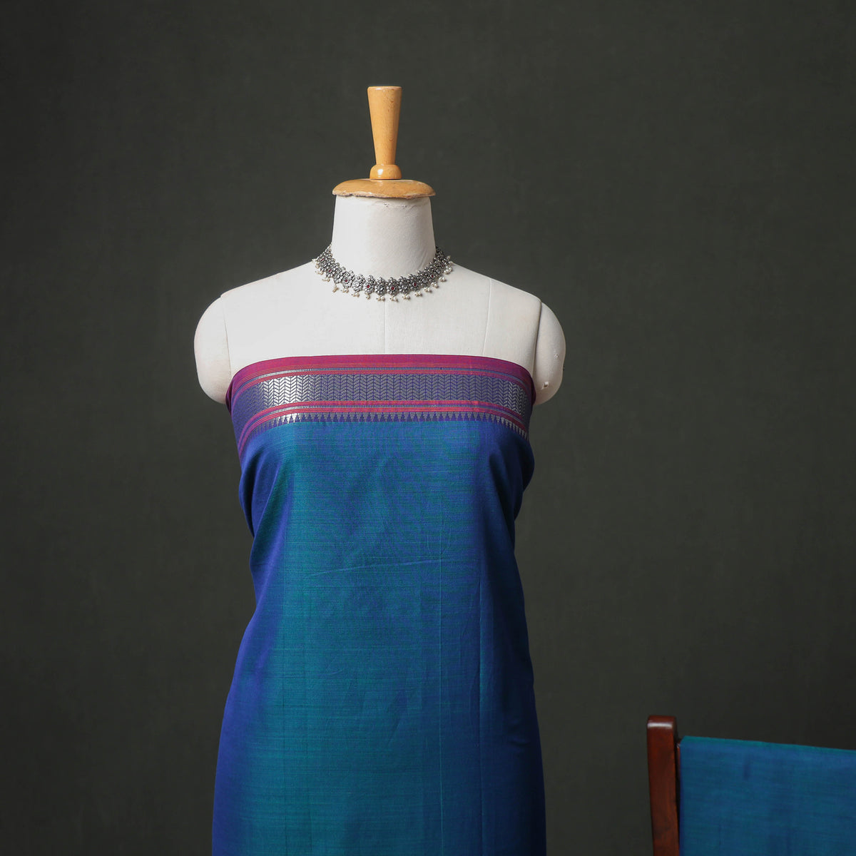 Blue - dharwad cotton plain zari border unstitched dress
