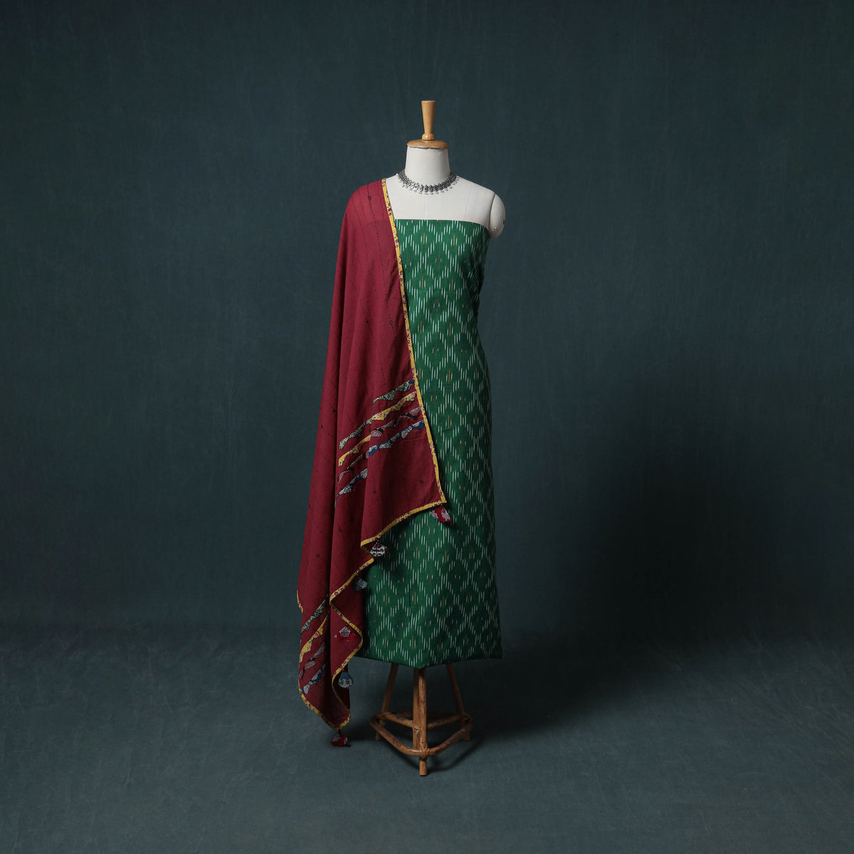 Pochampally Ikat Cotton Unstitched Dress Material: Kurta with Dupatta 23