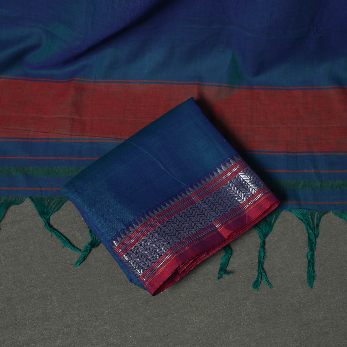 Blue - dharwad cotton plain zari border unstitched dress