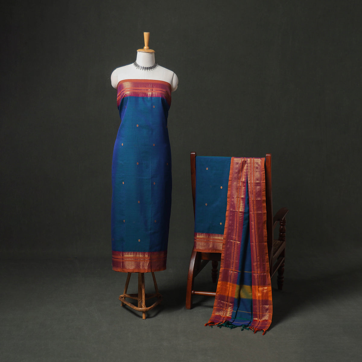 Dharwad Buti Cotton Plain Zari Border Unstitched Dress Material: Kurta, Bottom & Dupatta 52