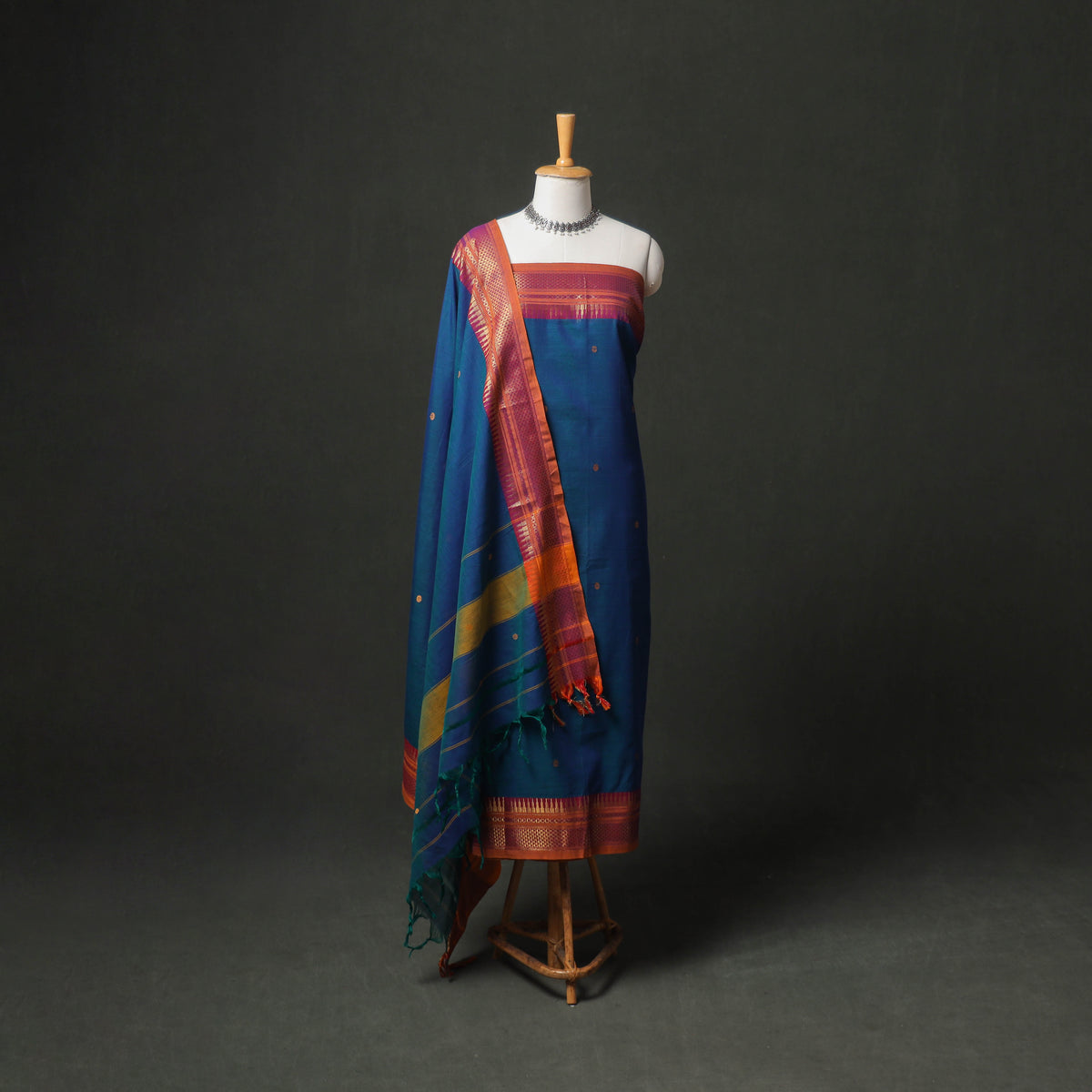 Dharwad Buti Cotton Plain Zari Border Unstitched Dress Material: Kurta, Bottom & Dupatta 52